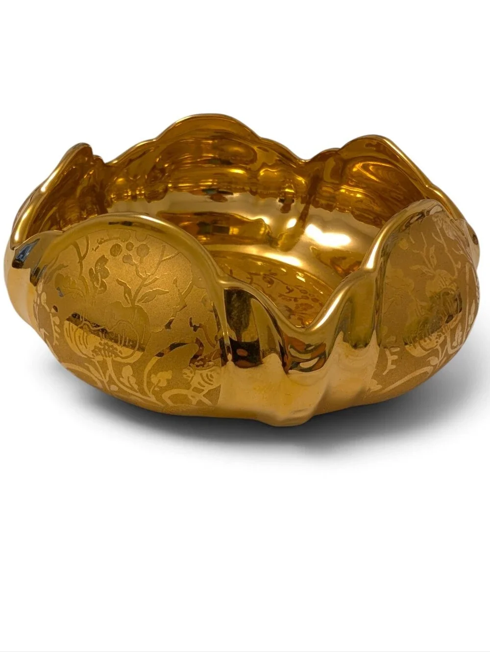 VINTAGE 21KT Porcelain Gold Bold Scalloped Floral Accent Bowl 7